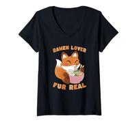 Mujer Lindo Fox Ramen Amante Juego de Palabras Divertido Animal Foodie Camiseta Cuello V