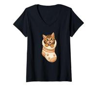 Mujer Lindo Gatito atigrado en Acogedor calcetín Gato mamá Cutecore Kawaii Camiseta Cuello V