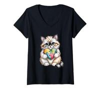 Mujer Lindo Gatito Esponjoso sosteniendo el Autismo Conciencia Rompecabezas corazón Camiseta Cuello V