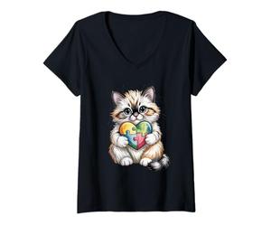 Mujer Lindo Gatito Esponjoso sosteniendo el Autismo Conciencia Rompecabezas corazón Camiseta Cuello V