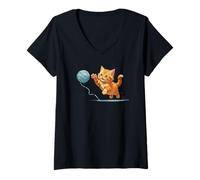 Mujer Lindo gatito juega con hilo, gatito divertido Camiseta Cuello V