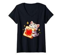 Mujer Lindo gato abrazando mermelada tostada desayuno divertido Camiseta Cuello V