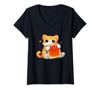 Mujer Lindo gato abrazando mermelada tostada desayuno divertido Camiseta Cuello V