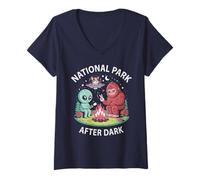 Mujer Lindo Gato Bigfoot Parque Nacional después de la Oscuridad Alien Camp Host Camiseta Cuello V
