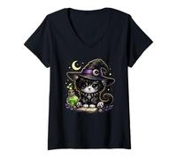 Mujer Lindo Gato Bruja Oscuro Magia Gó Camiseta Cuello V
