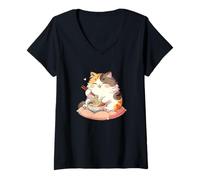 Mujer Lindo Gato Come Fideos Ramen Gatos Ramen Camiseta Cuello V
