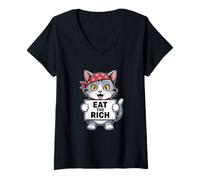 Mujer Lindo gato come los ricos Camiseta Cuello V