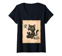 Mujer Lindo Gato Comiendo Onigiri japonés Kawaii Anime Bola de arroz Arte Camiseta Cuello V