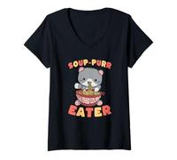 Mujer Lindo Gato Comiendo Sopa Ramen ronroneo diseño Camiseta Cuello V