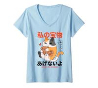 Mujer Lindo Gato con Aperitivo estético de Anime japonés Kawaii Taiyaki Camiseta Cuello V