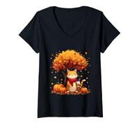 Mujer Lindo Gato con café Helado Debajo del árbol de otoño Hojas de otoño otoño Camiseta Cuello V