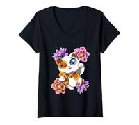 Mujer Lindo Gato de la Suerte Camiseta Cuello V