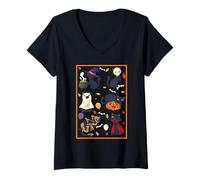 Mujer Lindo Gato Fantasma Divertido Disfraz de Halloween Gato Negro Camiseta Cuello V