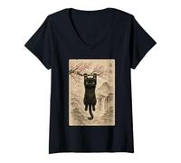 Mujer Lindo Gato Flor de Cerezo japonés Edo Woodblock Art Camiseta Cuello V