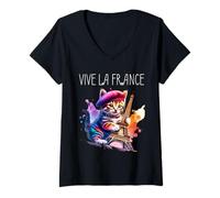 Mujer Lindo gato francés patriótico Vive La France Camiseta Cuello V
