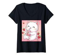 Mujer Lindo Gato Fresa Leche Retro japonés Arte Kawaii Camiseta Cuello V