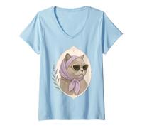 Mujer Lindo Gato Gafas de Sol pañuelo Vintage Floral felino Camiseta Cuello V