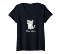 Mujer Lindo Gato I Hate It Here Kitty Regalos Divertidos para compañeros de Trabajo Camiseta Cuello V
