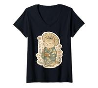 Mujer Lindo gato japonés anime kimono paraguas kawaii retro japonés Camiseta Cuello V