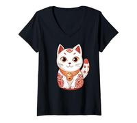 Mujer Lindo Gato Japonés Buena Suerte Camiseta Cuello V