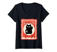 Mujer Lindo Gato japonés Suerte Vintage Kawaii Cat Anime japón Suerte Camiseta Cuello V