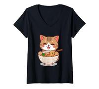 Mujer Lindo gato kawaii comiendo un tazón de ramen Camiseta Cuello V