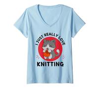 Mujer Lindo Gato Kawaii I Just Really Love Knitting Lover Camiseta Cuello V