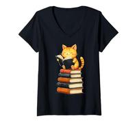 Mujer Lindo Gato Leyendo Libros Amante Storytelling Theme Bookworm Camiseta Cuello V