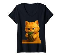 Mujer Lindo Gato luchando con Frasco, Adorable Animado Leo el Gato Camiseta Cuello V