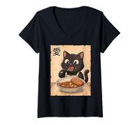 Mujer Lindo Gato Negro Comiendo Curry japonés Kawaii Arte Amante de la Comida Camiseta Cuello V