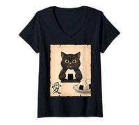 Mujer Lindo Gato Negro Onigiri Anime japonés Kawaii Comida estética Camiseta Cuello V
