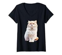 Mujer Lindo Gato Persa Esponjoso Mirando hacia Arriba Amante felino Camiseta Cuello V