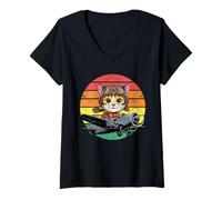 Mujer Lindo Gato Piloto Vuelo Vintage Avión Retro Puesta Camiseta Cuello V