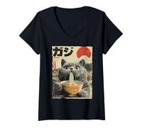 Mujer Lindo Gato Ramen Estética Japonesa Ukiyo-e Fuji Anime Cat Camiseta Cuello V
