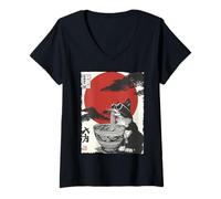 Mujer Lindo Gato Ramen Estético Japonés Ukiyo-e Groovy Anime Cat Camiseta Cuello V