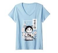 Mujer Lindo Gato Samurai bebé Kawaii - Sakura Japonesa Camiseta Cuello V
