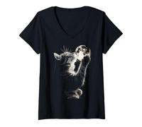 Mujer Lindo Gato sosteniendo Luna Llena luz de Luna estética Gatito Arte Camiseta Cuello V