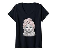 Mujer Lindo Gato SPA Ojos Azules Rosa Toalla Divertido Gatito Vintage Camiseta Cuello V