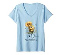 Mujer Lindo Girasol con Forma de Abeja y Abeja de Las Escrituras: La alegría del Señor es mi Fortaleza Camiseta Cuello V