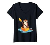 Mujer Lindo gráfico de Nutria Marina remando un Kayak Divertido Estilo Kawaii Camiseta Cuello V