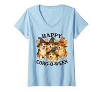 Mujer Lindo Halloween Corgi Witch Pack Funny Dog Design Mom Dad Kid Camiseta Cuello V