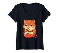 Mujer Lindo hámster Comiendo Ramen Kawaii Animal Foodie Camiseta Cuello V