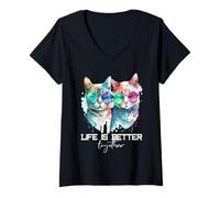 Mujer Lindo Hipster Gato Pareja Divertida La Vida Es Mejor Juntos Camiseta Cuello V