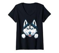 Mujer Lindo Husky Peeking Puppy Divertido Siberiano Husky Perro Amante Camiseta Cuello V