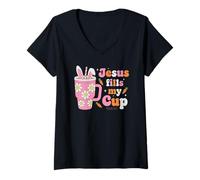 Mujer Lindo Jesús de Pascua Llena mi Copa Daisy Bunny Christian Faith Camiseta Cuello V