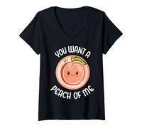 Mujer Lindo Juego de Palabras con Melocotones Kawaii con melocotón y melocotón «You Want A Peach of Me» Camiseta Cuello V