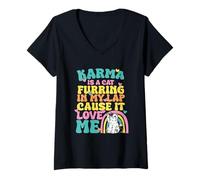 Mujer Lindo Karma Es Un Gato Furring En Mi Regazo Porque Me Ama Camiseta Cuello V