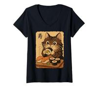 Mujer Lindo Kawaii Maine Coon Comer Sushi Divertido Gato de Comida Japonesa Camiseta Cuello V