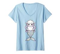 Mujer Lindo Kawaii Oveja Sirena Arco Iris Pelo Pastel Escala diseño Camiseta Cuello V