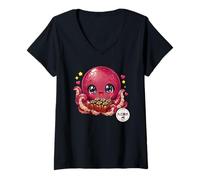Mujer Lindo Kawaii Takoyaki Chibi Pulpo Japonés Street Food Camiseta Cuello V